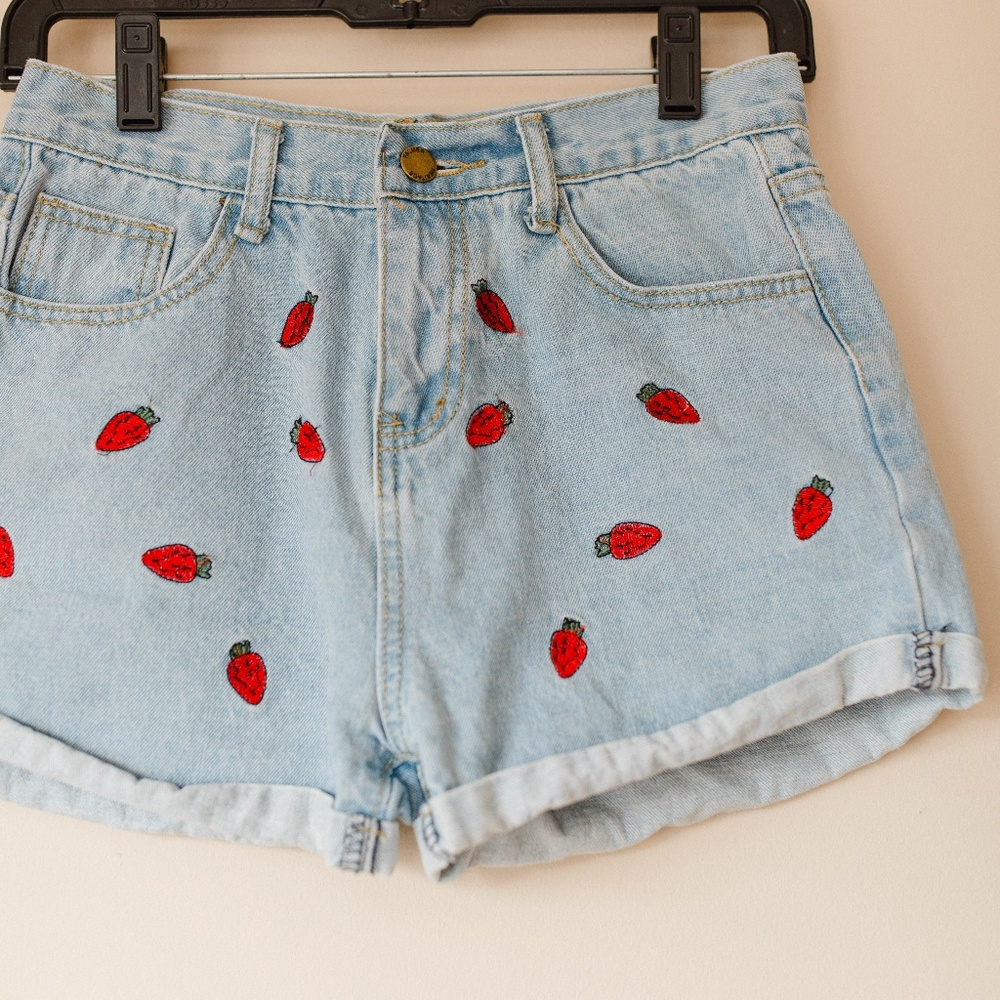 Denim Shorts with Embroidered Strawberries